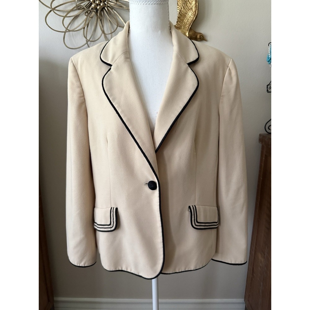 Kasper Beige Black Trim One Button Career Blazer Jacket Women's Size 14 EUC